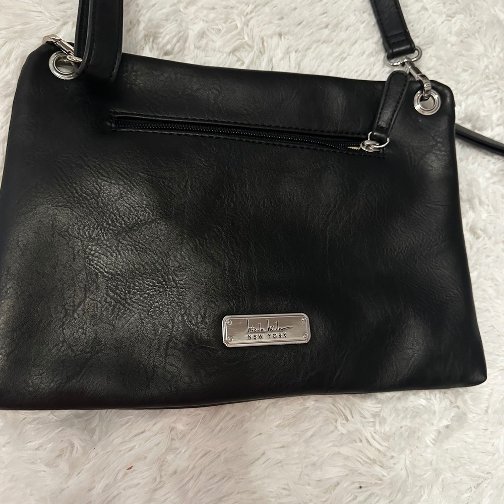 Nicole Miller New York Black Faux Leather‎ Crossbody Bag Silver Zipper Detail - Picture 5 of 8